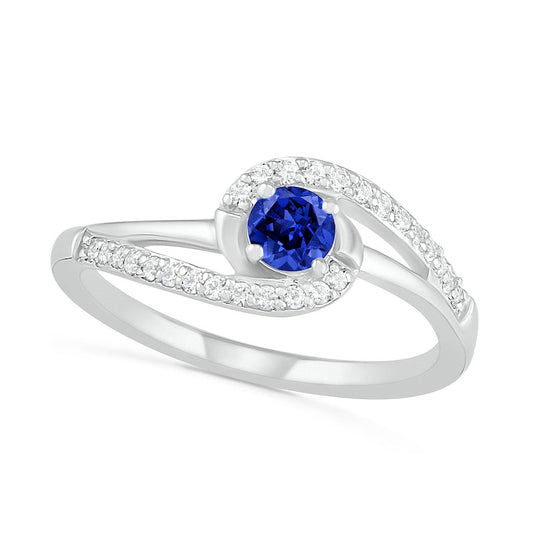 4.0mm Lab-Created Blue and White Sapphire Bypass Swirl Frame Split Shank Ring in Sterling Silver