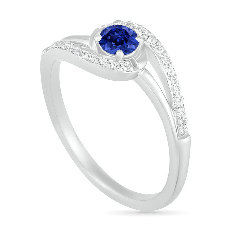4.0mm Lab-Created Blue and White Sapphire Bypass Swirl Frame Split Shank Ring in Sterling Silver