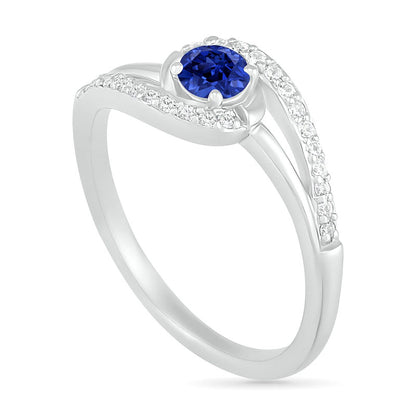 4.0mm Lab-Created Blue and White Sapphire Bypass Swirl Frame Split Shank Ring in Sterling Silver