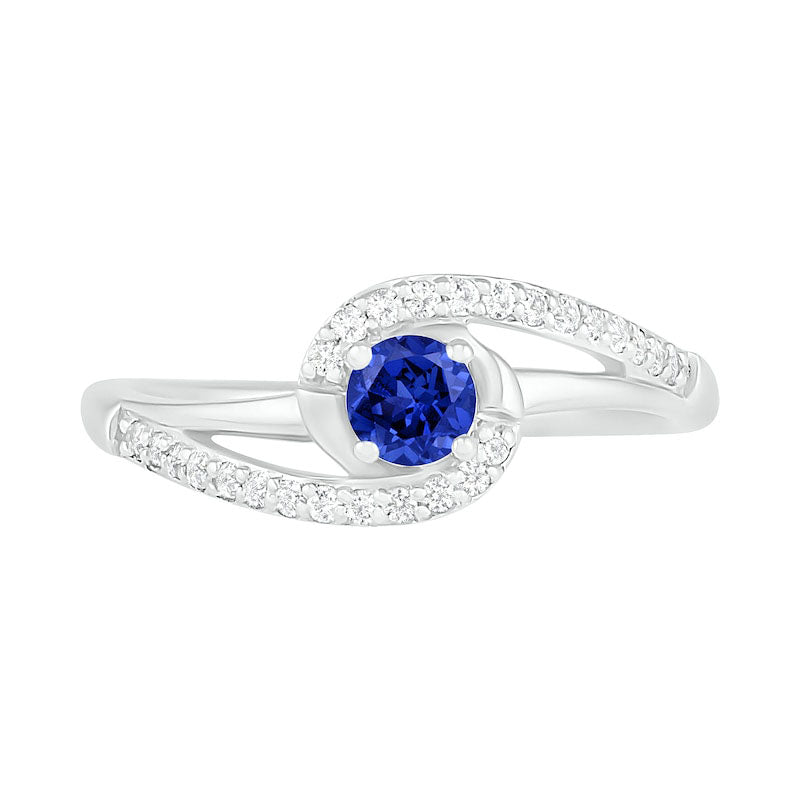 4.0mm Lab-Created Blue and White Sapphire Bypass Swirl Frame Split Shank Ring in Sterling Silver