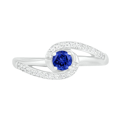 4.0mm Lab-Created Blue and White Sapphire Bypass Swirl Frame Split Shank Ring in Sterling Silver