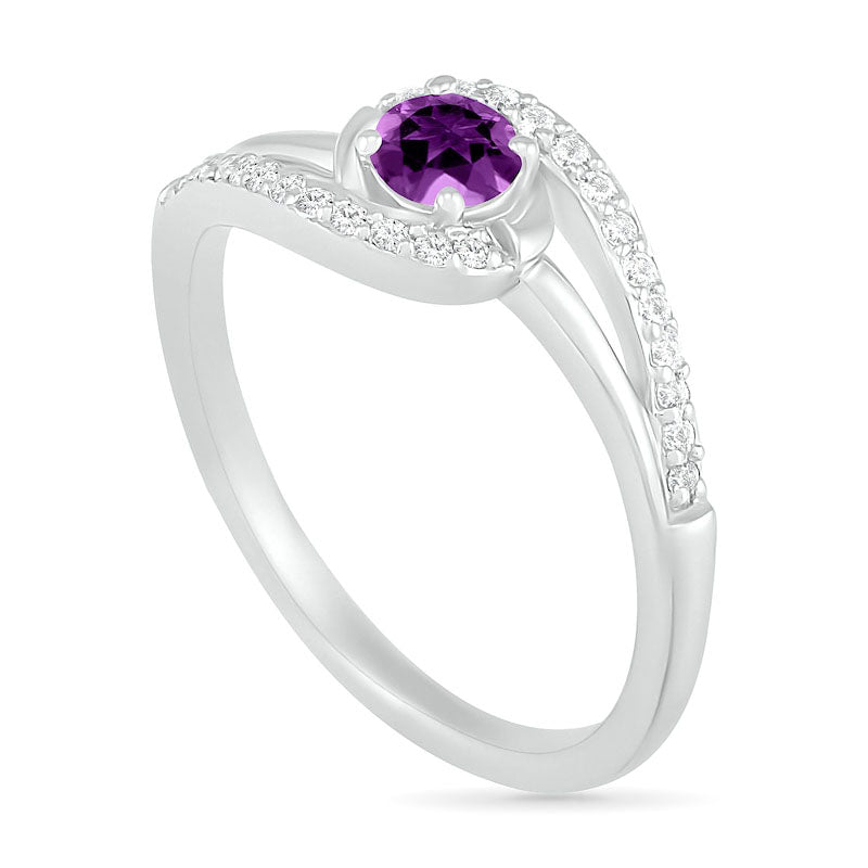 4.0mm Amethyst and Lab-Created White Sapphire Bypass Swirl Frame Split Shank Ring in Sterling Silver