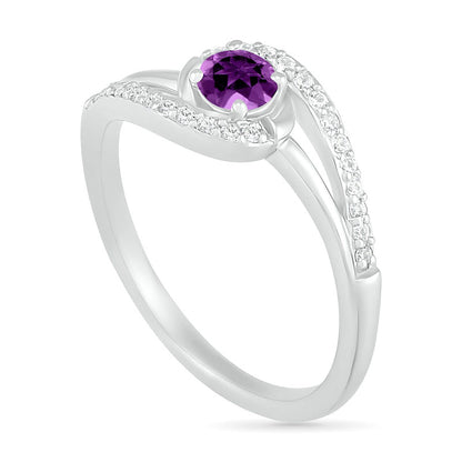 4.0mm Amethyst and Lab-Created White Sapphire Bypass Swirl Frame Split Shank Ring in Sterling Silver