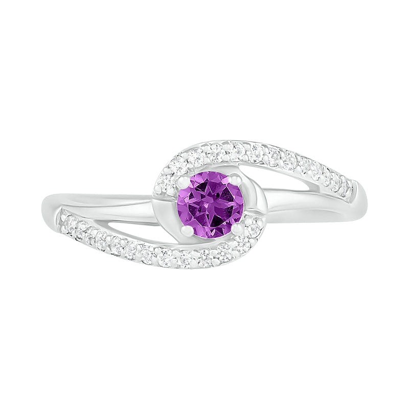 4.0mm Amethyst and Lab-Created White Sapphire Bypass Swirl Frame Split Shank Ring in Sterling Silver