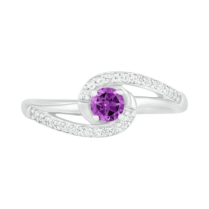 4.0mm Amethyst and Lab-Created White Sapphire Bypass Swirl Frame Split Shank Ring in Sterling Silver