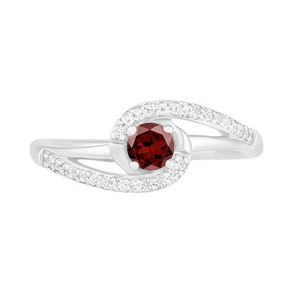4.0mm Garnet and Lab-Created White Sapphire Bypass Swirl Frame Split Shank Ring in Sterling Silver