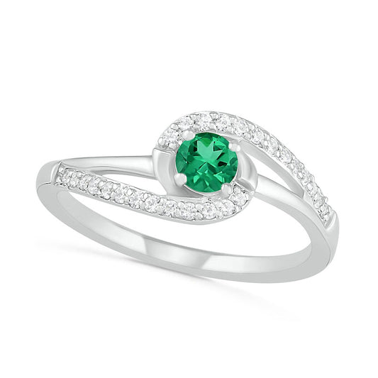 4.0mm Lab-Created Emerald and White Sapphire Bypass Swirl Frame Split Shank Ring in Sterling Silver