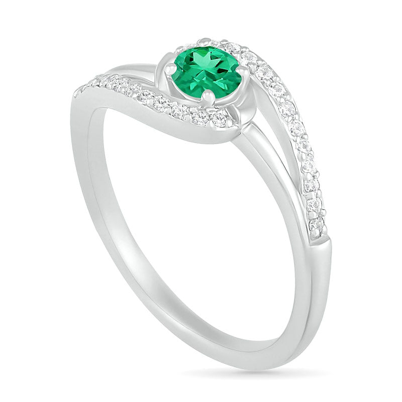 4.0mm Lab-Created Emerald and White Sapphire Bypass Swirl Frame Split Shank Ring in Sterling Silver