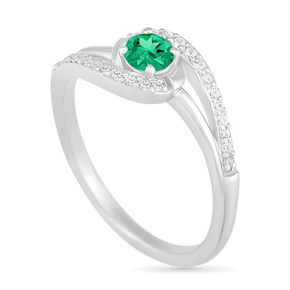 4.0mm Lab-Created Emerald and White Sapphire Bypass Swirl Frame Split Shank Ring in Sterling Silver