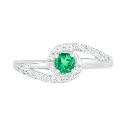 4.0mm Lab-Created Emerald and White Sapphire Bypass Swirl Frame Split Shank Ring in Sterling Silver