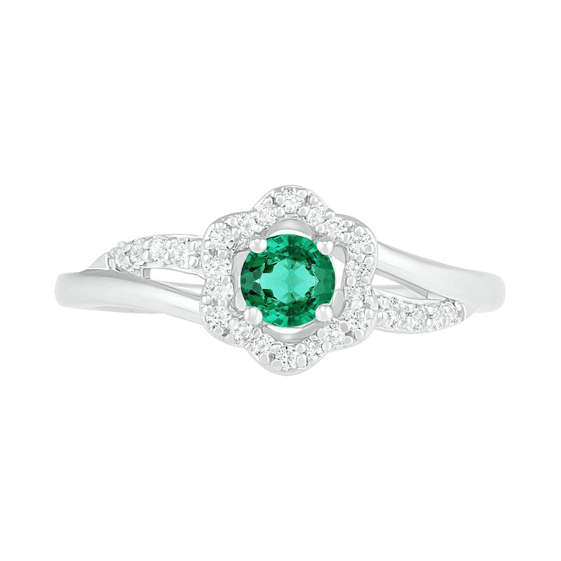 4.0mm Lab-Created Emerald and White Sapphire Frame Bypass Split Shank Flower Ring in Sterling Silver