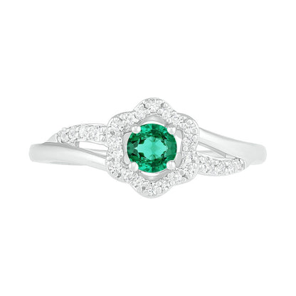 4.0mm Lab-Created Emerald and White Sapphire Frame Bypass Split Shank Flower Ring in Sterling Silver