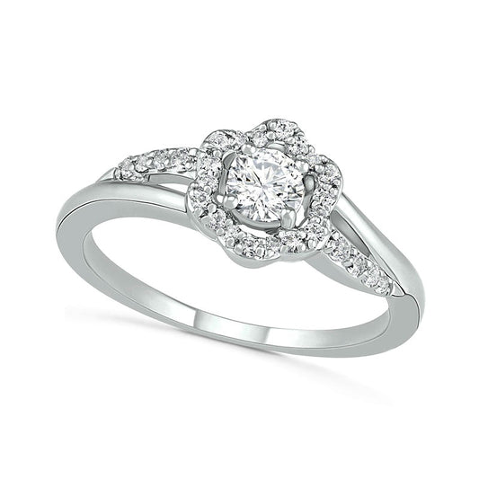 4.0mm Lab-Created White Sapphire Frame Bypass Split Shank Flower Ring in Sterling Silver