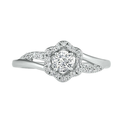 4.0mm Lab-Created White Sapphire Frame Bypass Split Shank Flower Ring in Sterling Silver