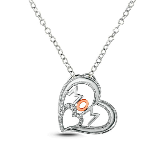 Natural Diamond Accent Tilted Heart "MOM" Pendant in Sterling Silver and 10K Rose Gold