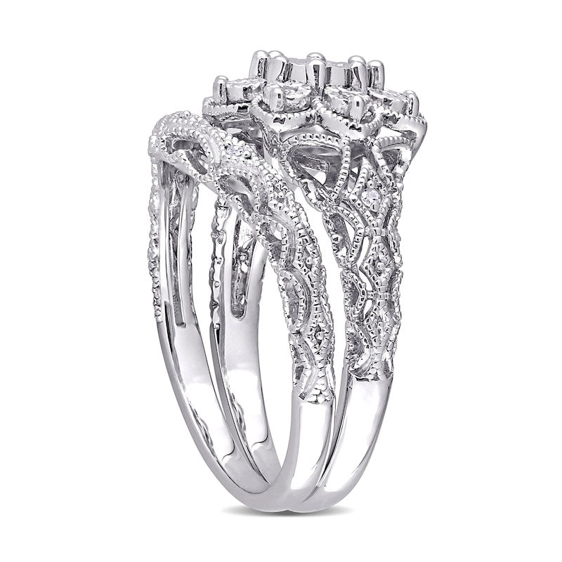0.10 CT. T.W. Natural Diamond Flower Frame Antique Vintage-Style Bridal Engagement Ring Set in Sterling Silver