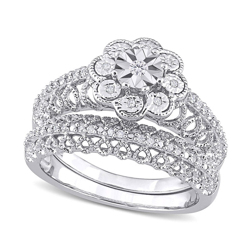 0.17 CT. T.W. Natural Diamond Flower Frame Antique Vintage-Style Bridal Engagement Ring Set in Sterling Silver
