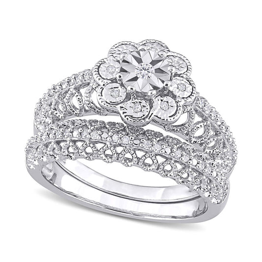 0.17 CT. T.W. Natural Diamond Flower Frame Antique Vintage-Style Bridal Engagement Ring Set in Sterling Silver