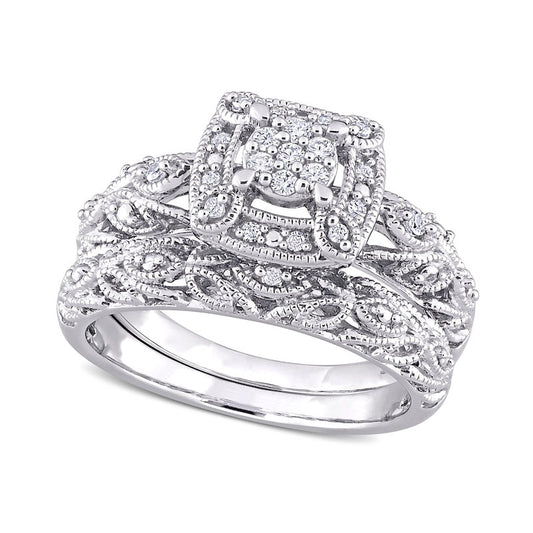 0.20 CT. T.W. Composite Natural Diamond Cushion Frame Antique Vintage-Style Bridal Engagement Ring Set in Sterling Silver
