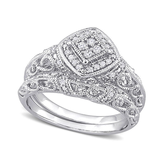 0.20 CT. T.W. Natural Diamond Tilted Cushion Frame Antique Vintage-Style Bridal Engagement Ring Set in Sterling Silver