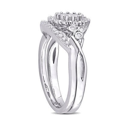 0.20 CT. T.W. Natural Diamond Frame Tri-Sides Bridal Engagement Ring Set in Sterling Silver