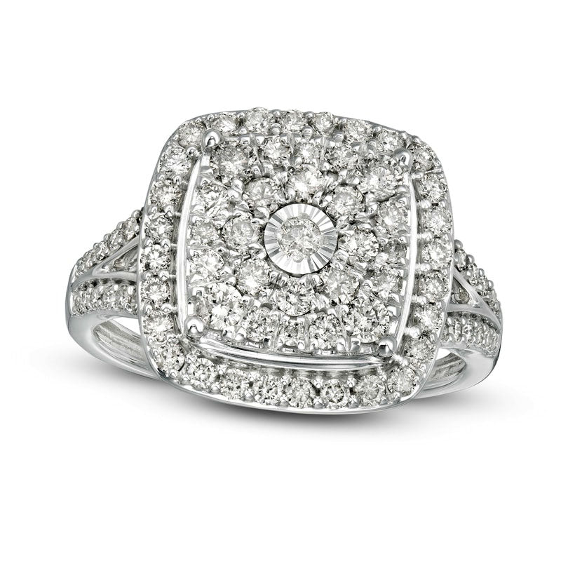 1.0 CT. T.W. Composite Natural Diamond Cushion Frame Split Shank Ring in Solid 10K White Gold
