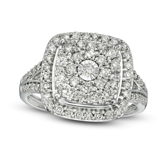 1.0 CT. T.W. Composite Natural Diamond Cushion Frame Split Shank Ring in Solid 10K White Gold