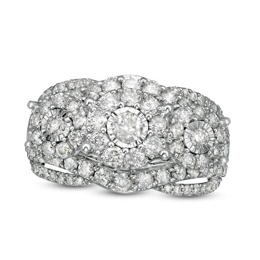 2.0 CT. T.W. Natural Diamond Frame Three Stone Split Shank Ring in Solid 10K White Gold