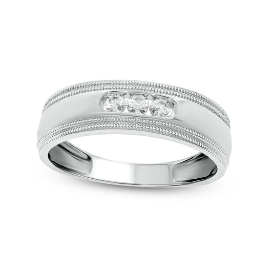 Men's 0.20 CT. T.W. Natural Diamond Three Stone Milgrain Wedding Band in Solid 10K White Gold