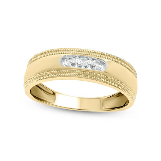 Men's 0.20 CT. T.W. Natural Diamond Three Stone Milgrain Wedding Band in Solid 10K Yellow Gold