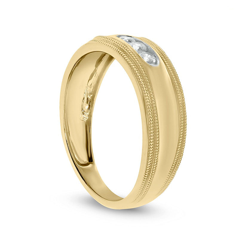 Men's 0.20 CT. T.W. Natural Diamond Three Stone Milgrain Wedding Band in Solid 10K Yellow Gold