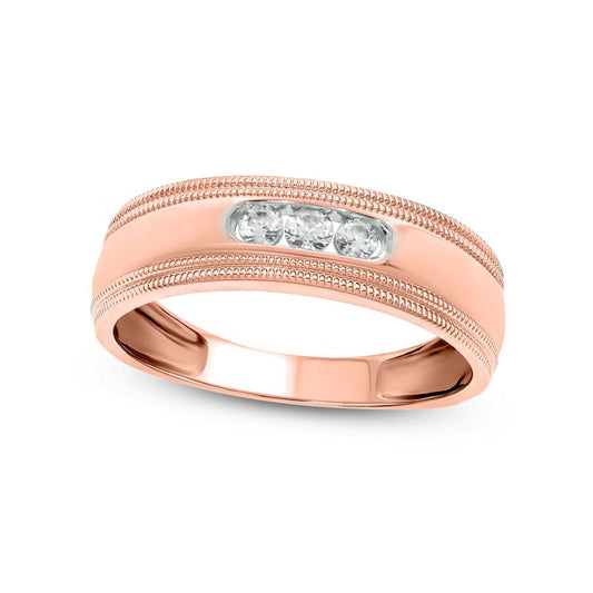 Men's 0.20 CT. T.W. Natural Diamond Three Stone Milgrain Wedding Band in Solid 10K Rose Gold