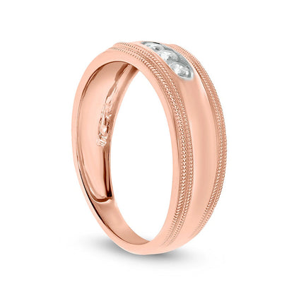 Men's 0.20 CT. T.W. Natural Diamond Three Stone Milgrain Wedding Band in Solid 10K Rose Gold