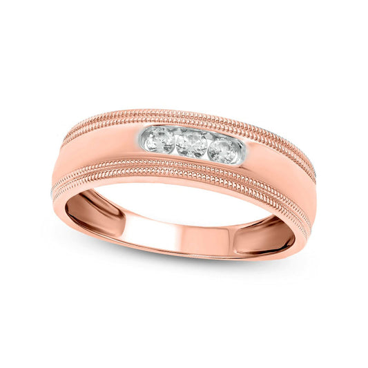 Men's 0.20 CT. T.W. Natural Diamond Three Stone Milgrain Wedding Band in Solid 14K Rose Gold