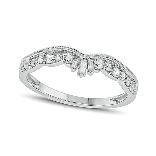 0.25 CT. T.W. Baguette and Round Natural Diamond Antique Vintage-Style Contour Wedding Band in Solid 10K White Gold