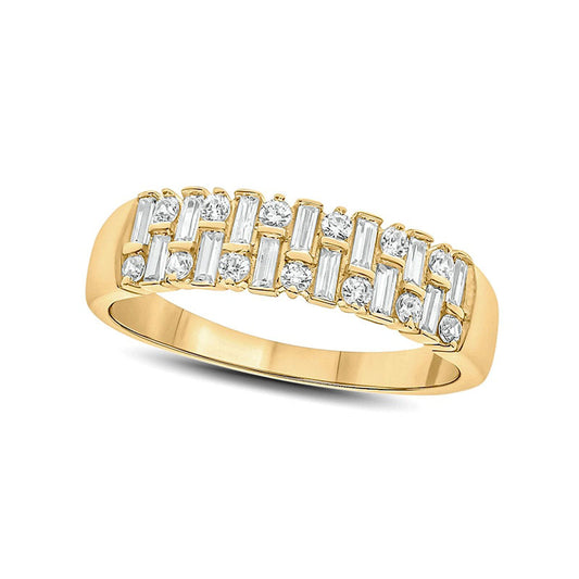 0.50 CT. T.W. Baguette and Round Natural Diamond Alternating Rows Anniversary Ring in Solid 10K Yellow Gold