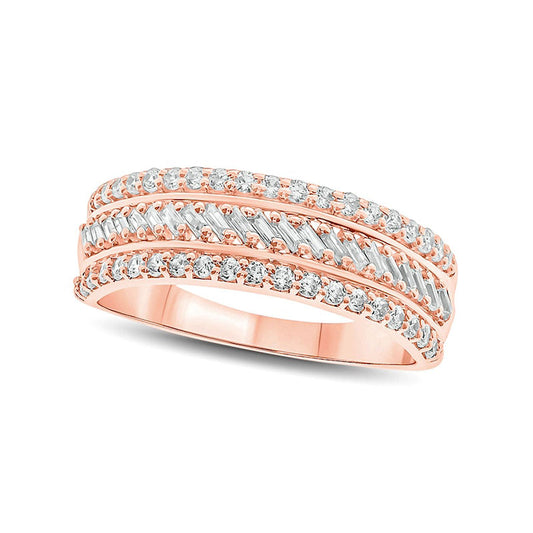0.50 CT. T.W. Baguette and Round Natural Diamond Slant Stripe Anniversary Band in Solid 10K Rose Gold