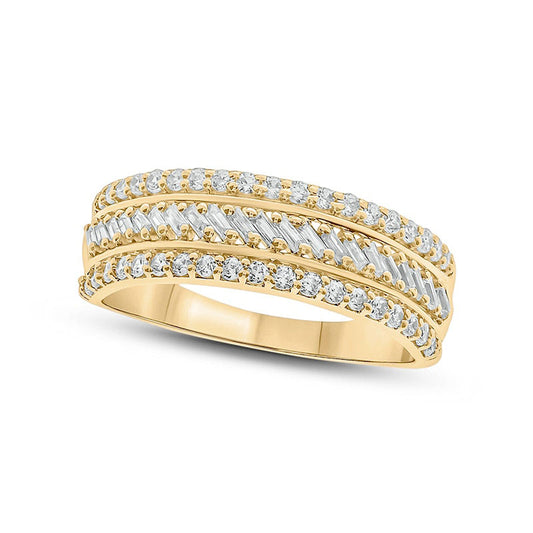 0.50 CT. T.W. Baguette and Round Natural Diamond Slant Stripe Anniversary Band in Solid 10K Yellow Gold