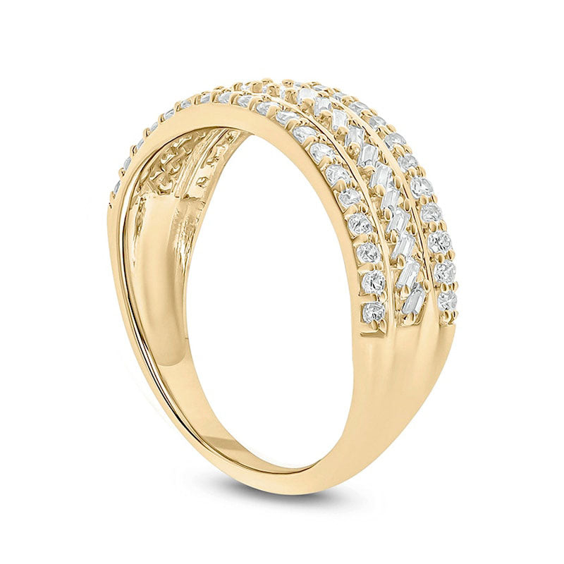 0.50 CT. T.W. Baguette and Round Natural Diamond Slant Stripe Anniversary Band in Solid 10K Yellow Gold