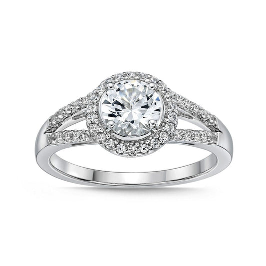 6.0mm White Lab-Created Sapphire Frame Split Shank Ring in Sterling Silver