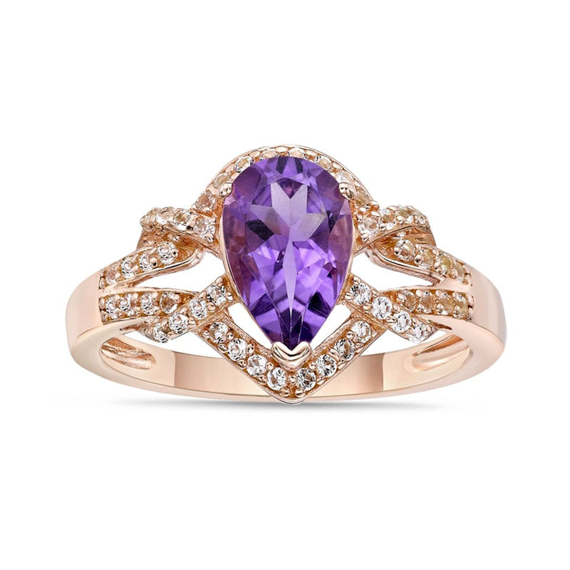 Pear-Shaped Amethyst and White Topaz Frame Buckle Split Shank Ring in Sterling Silver with Solid 18K Rose Gold Plate