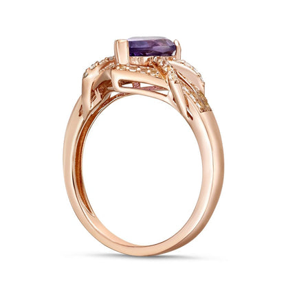 Pear-Shaped Amethyst and White Topaz Frame Buckle Split Shank Ring in Sterling Silver with Solid 18K Rose Gold Plate
