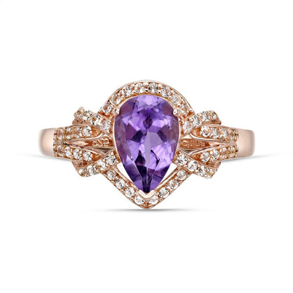 Pear-Shaped Amethyst and White Topaz Frame Buckle Split Shank Ring in Sterling Silver with Solid 18K Rose Gold Plate