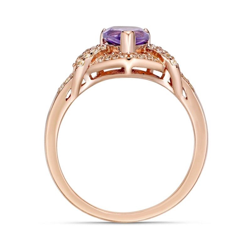 Pear-Shaped Amethyst and White Topaz Frame Buckle Split Shank Ring in Sterling Silver with Solid 18K Rose Gold Plate