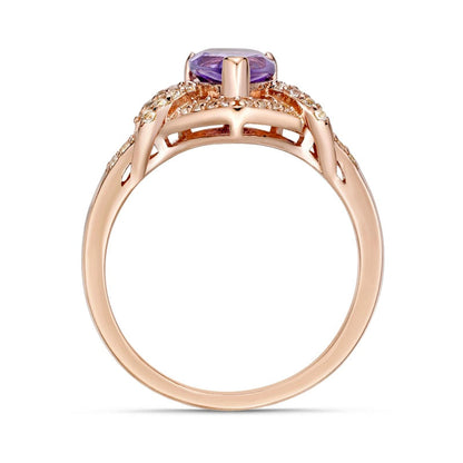 Pear-Shaped Amethyst and White Topaz Frame Buckle Split Shank Ring in Sterling Silver with Solid 18K Rose Gold Plate