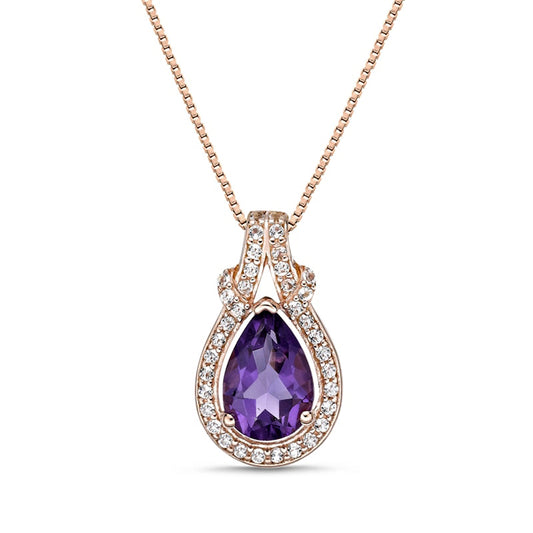 Pear-Shaped Amethyst and White Topaz Frame Doorknocker Pendant in Sterling Silver with 18K Rose Gold Plate