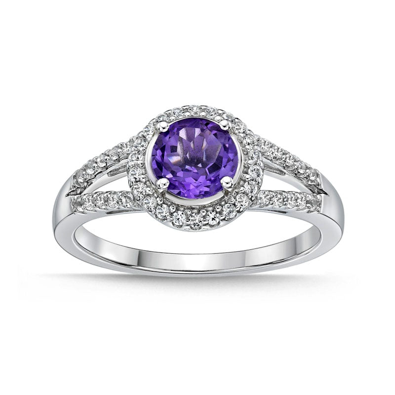 6.0mm Amethyst and White Topaz Frame Split Shank Ring in Sterling Silver
