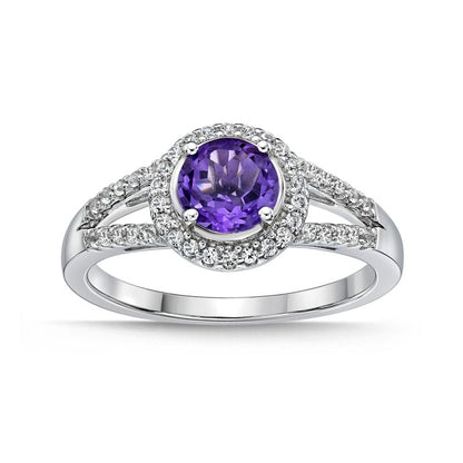 6.0mm Amethyst and White Topaz Frame Split Shank Ring in Sterling Silver