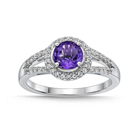6.0mm Amethyst and White Topaz Frame Split Shank Ring in Sterling Silver