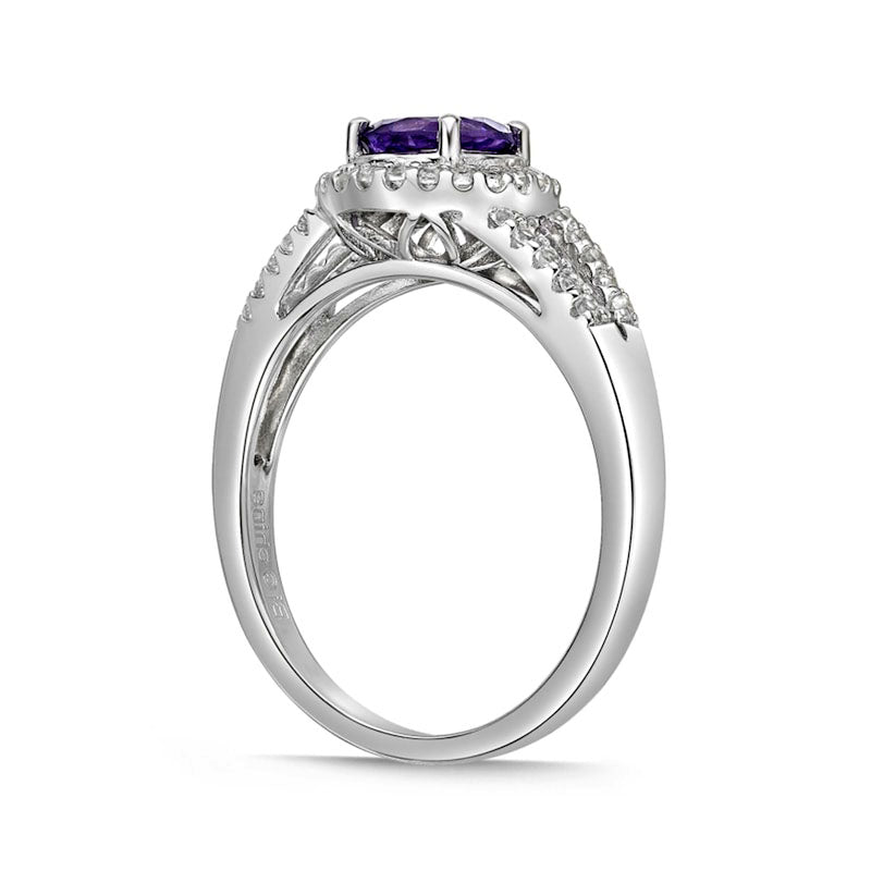 6.0mm Amethyst and White Topaz Frame Split Shank Ring in Sterling Silver